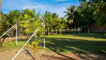 Un terrain de football avec des poteaux de but et un filet, entouré de palmiers et d’un mur de briques.