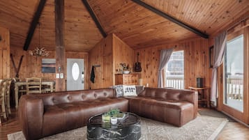 Smart TV, chimenea, libros y estéreo
