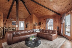 Smart TV, fireplace, books, stereo