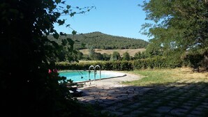A swimming pool with a stone deck, surrounded by greenery and hills in the background. - Agriturismo Alle Rose (Volterra)