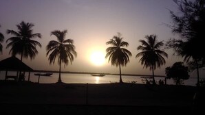 A beach scene with palm trees and a sunset over the water.