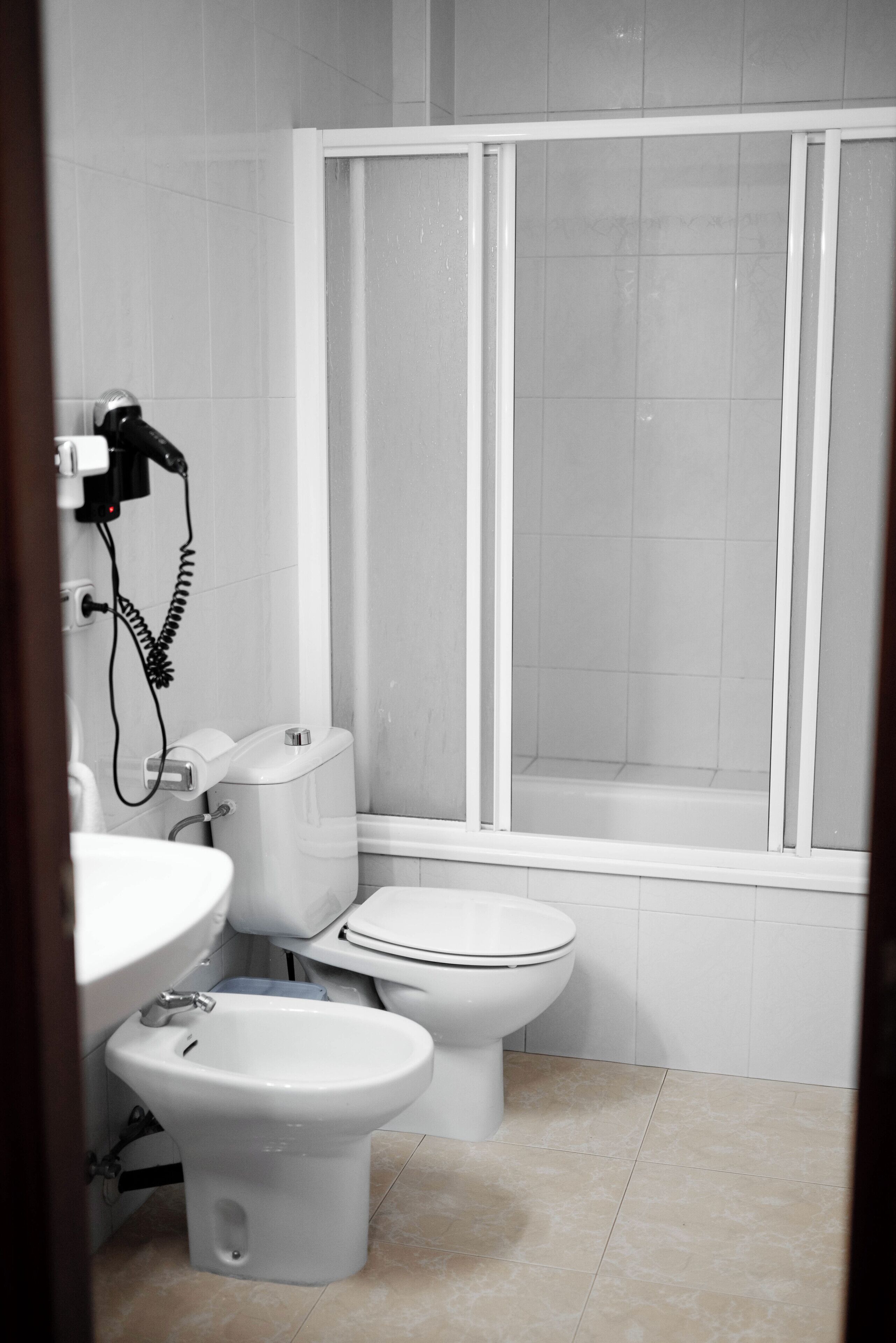 A bathroom with a toilet, bidet, and a shower area.