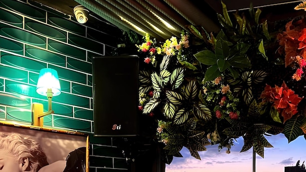 A dining area with a table set for two, a city view through a window, and a decorative plant. - Voir Hotel Pera (Istanbul)