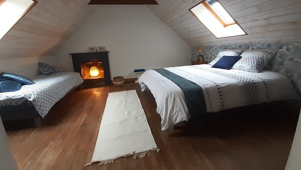 Una camera da letto mansardata accogliente con due letti, un camino e lucernari.