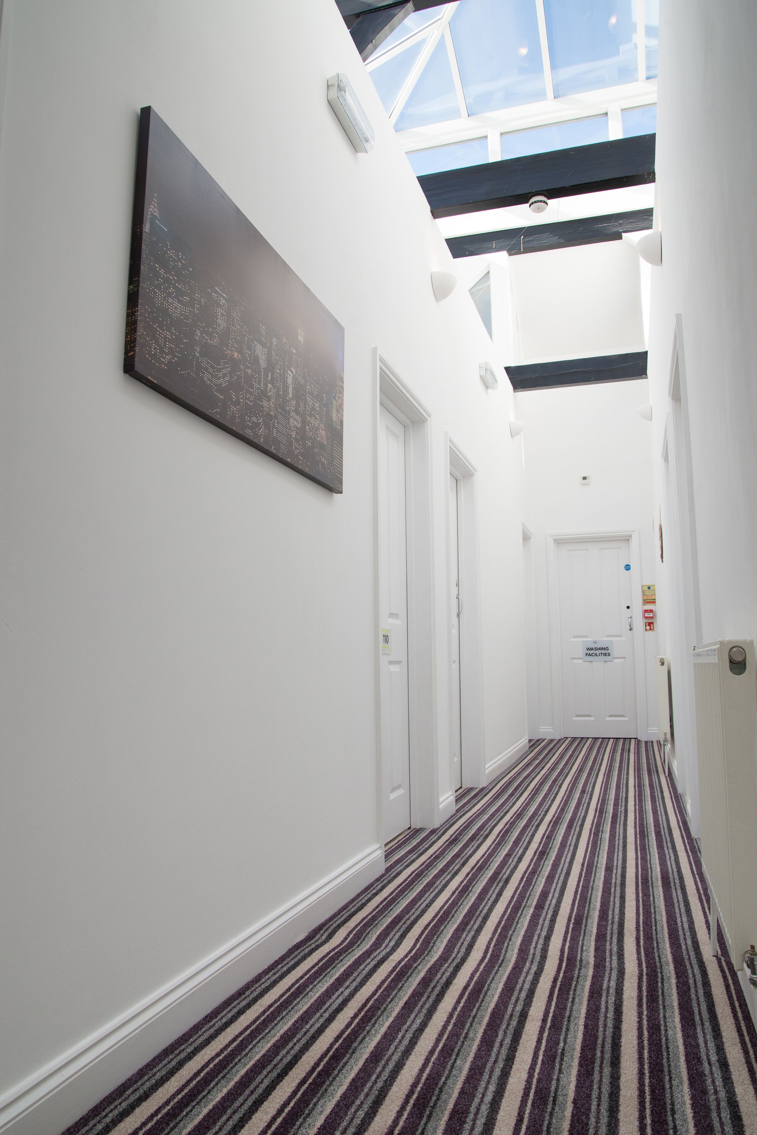 A hallway with a striped carpet, white walls, a cityscape painting, and a skylight.
