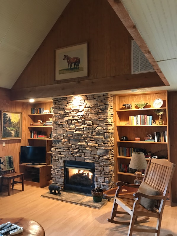 Een gezellige woonkamer met een stenen open haard, houten boekenkasten, een televisie en een comfortabele fauteuil.