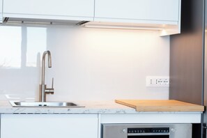 Full-size fridge, stovetop, dishwasher, coffee/tea maker