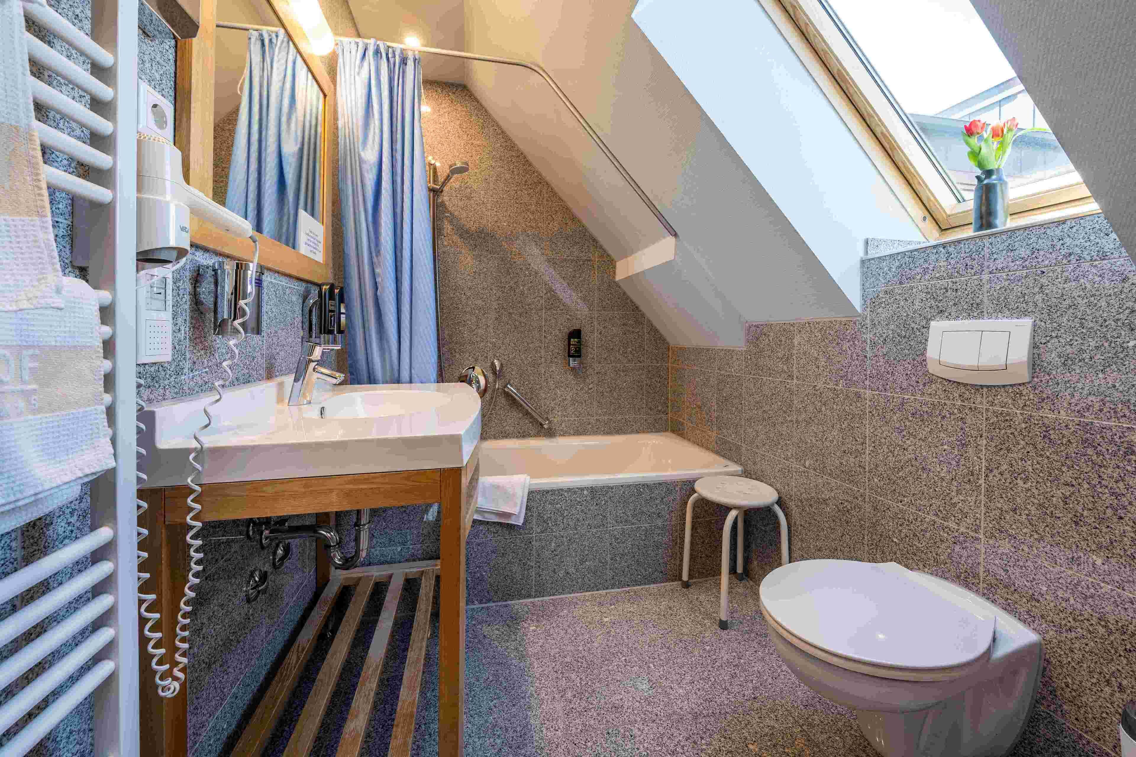 business double room | bathroom | shower, hair dryer, towels, soap