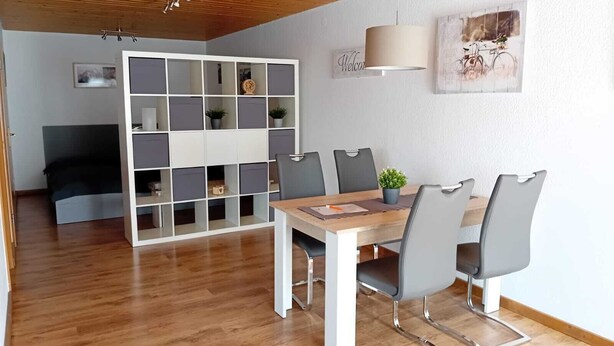 A modern dining area with a wooden table and grey chairs, a white partition with shelves, and a painting on the wall. - Apartment in the countryside (Beilstein)