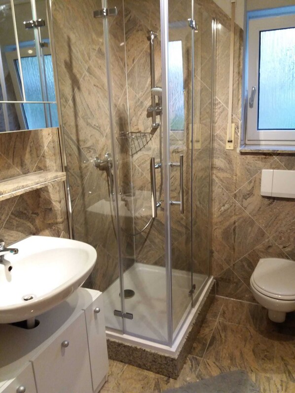 A bathroom with a glass-enclosed shower, a white sink, and a toilet.
