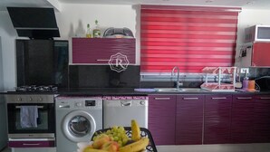 A modern kitchen with stainless steel appliances, a washing machine, and a fruit bowl on the counter. - Adorable villa with pool (Djerba)