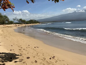 En la playa, camastros y toallas de playa 