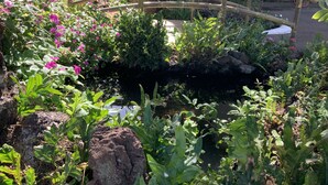 A garden with a bamboo bridge, various plants, and a small pond.