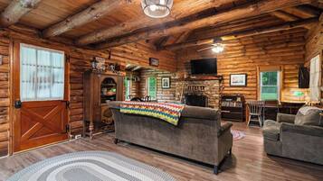 Smart TV, fireplace, DVD player, books