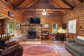 Smart TV, fireplace, DVD player, books