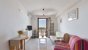A living room with a sofa, a TV, a dining table, and a view to the outside.