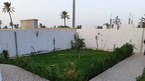 A courtyard with a tiled pathway, green lawn, and a white wall with a small tree. - Luxurious villa with swimming pool in Midoun (djerba midoun)