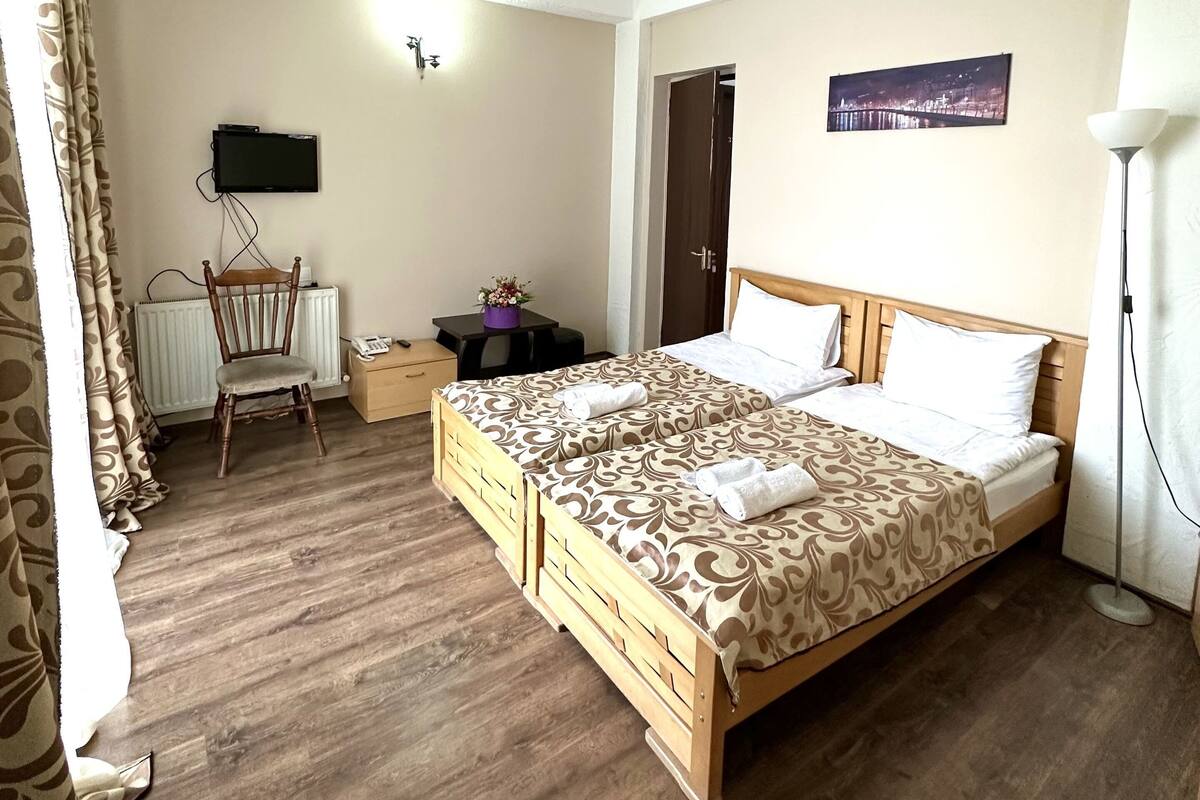 Un dormitorio con cama de madera, un escritorio, una silla, un radiador, un televisor y una pintura con vista nocturna.