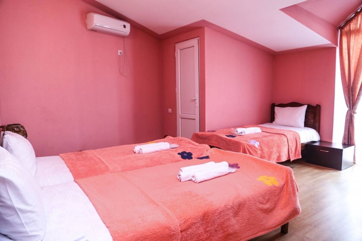 Habitación de hotel con dos camas, una mesita de noche, un armario y un aire acondicionado.