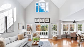 TV, fireplace, video games, foosball