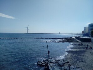 A coastal scene with a rocky shoreline, a bridge in the distance, and wind turbines.
