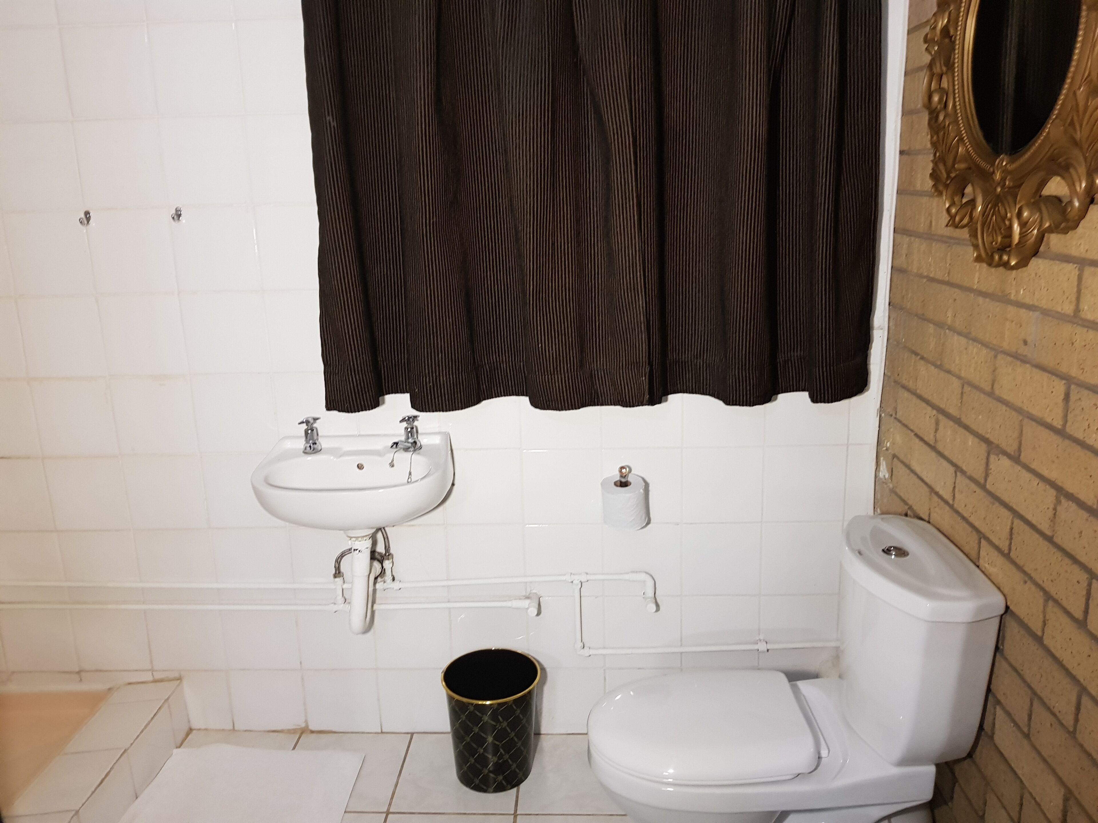 A bathroom with a white sink, a toilet, a black trash can, a roll of toilet paper, and a gold-framed mirror.