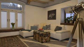 TV connectée, cheminée, livres