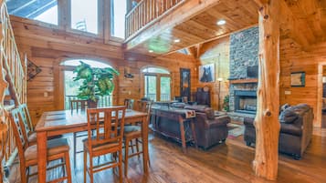 40-inch flat-screen TV with cable channels, TV, fireplace