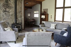 TV connectée, cheminée, livres