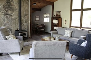 Smart TV, fireplace, books
