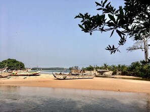 A beach with several boats docked on the sand, a clear sky, and some vegetation in the foreground. - Scorpion Hill Lodge - Hostel (Busua)