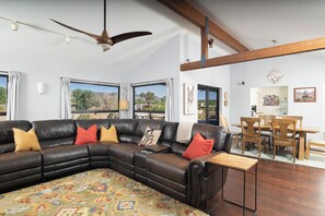 Smart TV, fireplace, books, music library