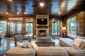 Smart TV, fireplace, video games, DVD player