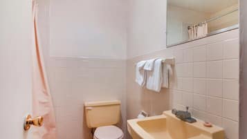A small bathroom with a toilet, sink, and a mirror above the sink.