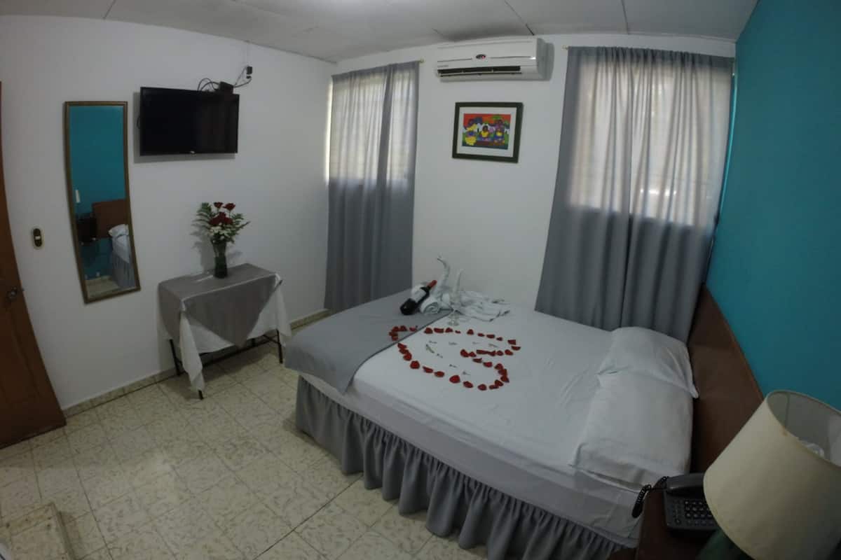Une chambre d’hôtel avec un lit, un bureau agrémenté d’un vase de fleurs, une télévision, un climatiseur et un tableau au mur.