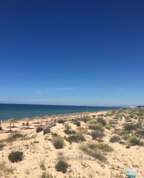 A beach with sun loungers and umbrellas, a clear sky, and a sign for Parque Natural.