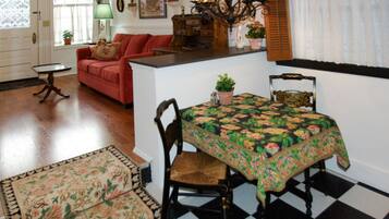 TV, fireplace, books