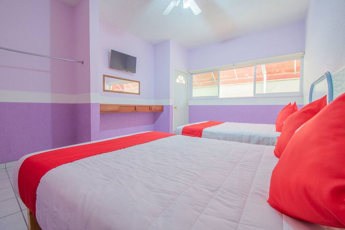 A room with two beds, a television, a window, and a door.