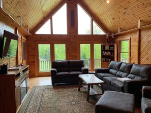 TV connectée, cheminée, lecteur de DVD, table de tennis de table