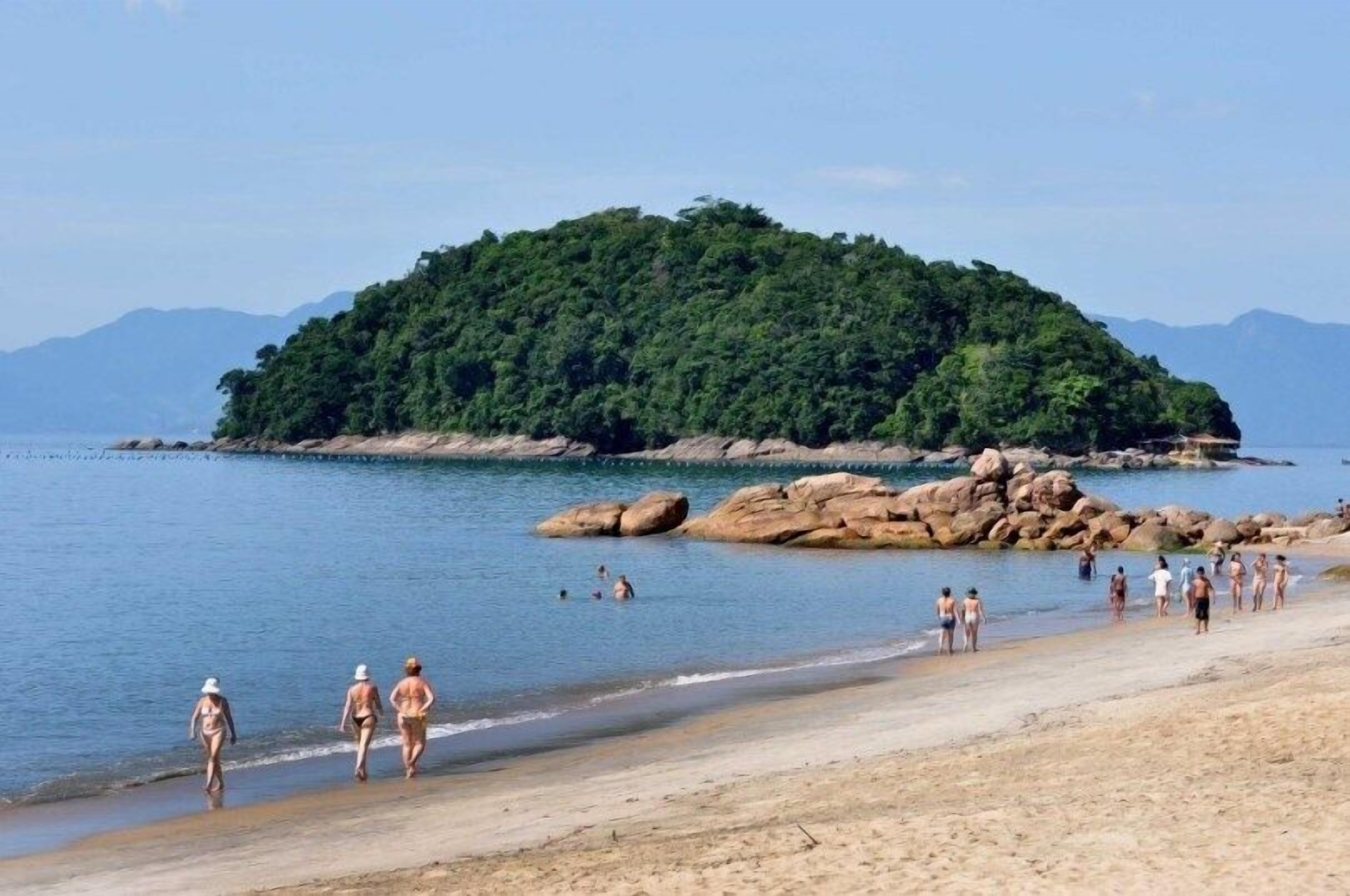 A beach with a small island in the background.
