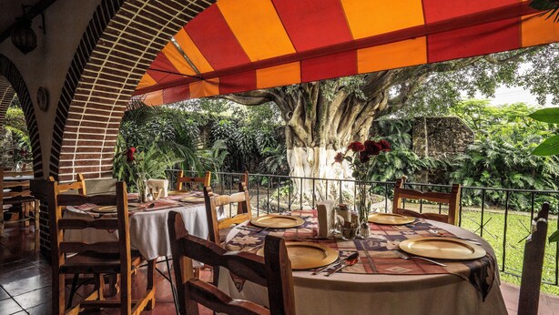 Un espace de restauration en plein air avec des tables pour deux, entouré d’un mur de briques et d’un grand arbre qui offre de l’ombre.