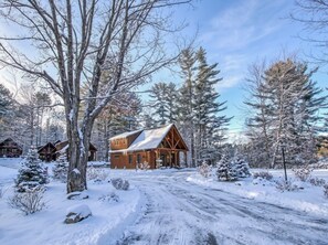 Une cabane au revêtement extérieur en bois, située dans un paysage enneigé.