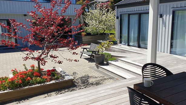 Eine Holzterrasse mit Gartenmöbeln, einem Blumentopf und Blick auf ein modernes Gebäude mit großen Fenstern.