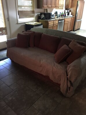 Relax in this spacious living room with a sofa and kitchen area featuring a microwave, toaster, and refrigerator.