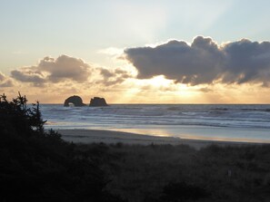 On the beach, sun loungers, beach towels