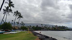 A beach with a rocky shoreline, palm trees, and a grassy area with boats. - Full Ocean View! Prime Kihei Location!  (Kihei)