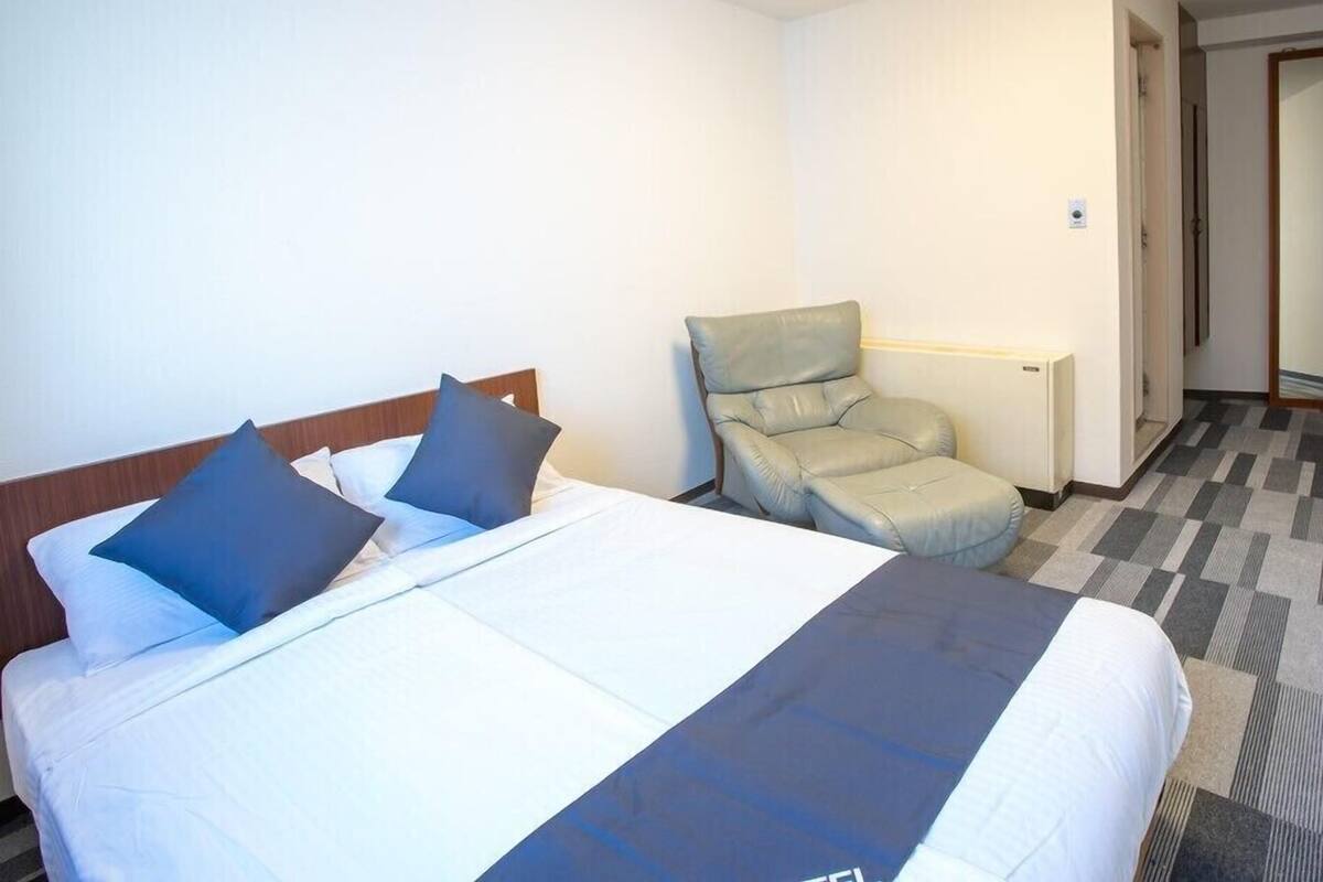 A hotel room with a bed, two pillows, a chair, and a radiator.