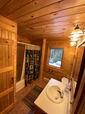 Combined shower/bathtub, hair dryer, towels, soap