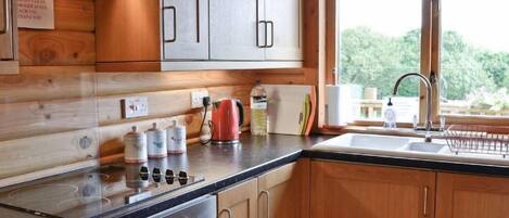 Fridge, oven, high chair, cookware/dishes/utensils