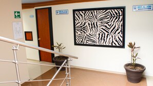 Un pasillo con una obra de arte a cuadro de cebra, una puerta de madera y plantas en macetas.